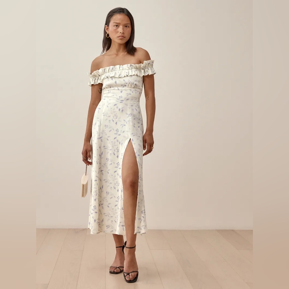 REFORMATION Izabel Dress Laurel Floral midi length off shoulder ruffle